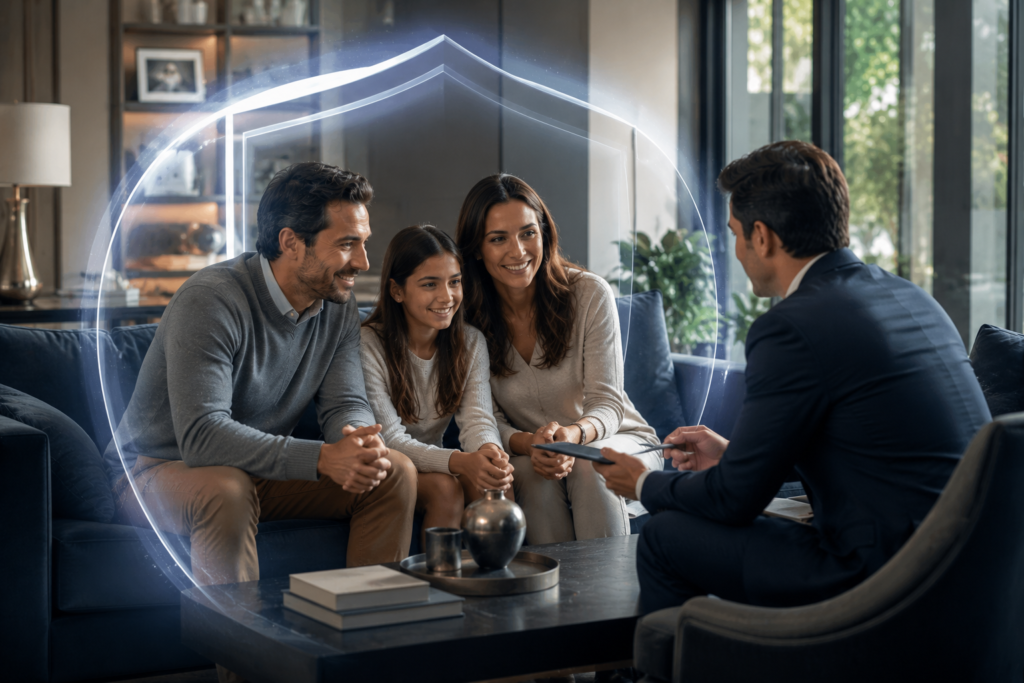 Familia recibiendo asesoría profesional sobre protección patrimonial mientras un efecto visual de seguridad simboliza la cobertura de un seguro de responsabilidad civil.