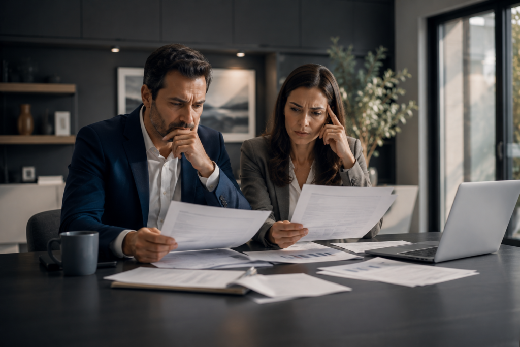 Profesionales analizando documentos legales y financieros relacionados con una reclamación que podría afectar su patrimonio y estabilidad económica.