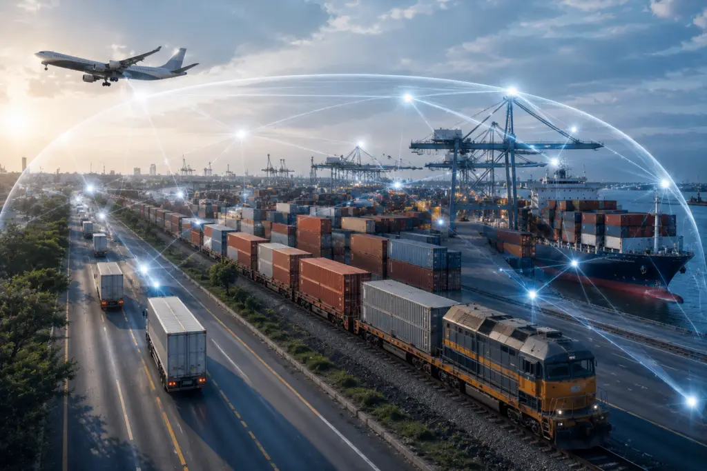 Red logística internacional con camiones, contenedores, tren de carga, buque portacontenedores y aeronave de carga protegidos mediante una cobertura integral de seguro de mercancías.