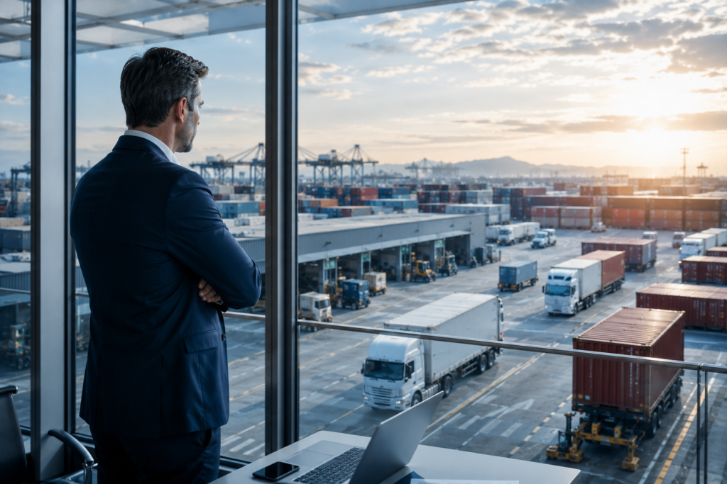 Empresario supervisando operaciones logísticas y transporte de mercancías desde una oficina ejecutiva con vista a almacenes, contenedores y unidades de carga en funcionamiento.