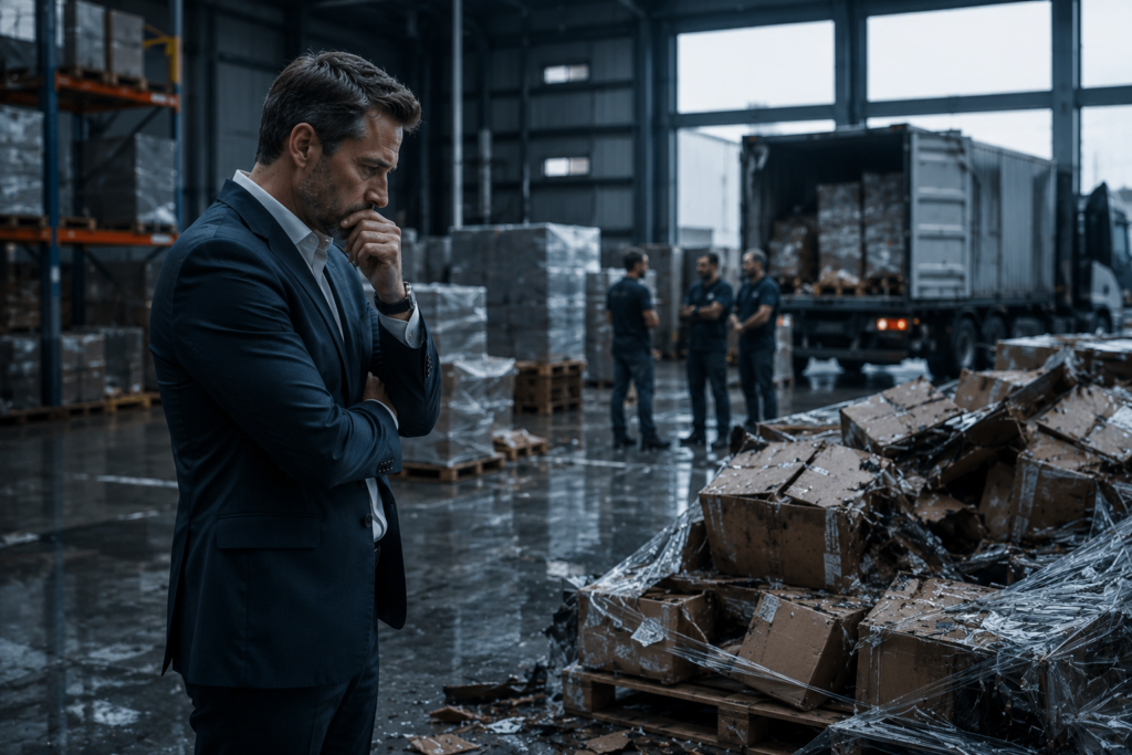 Empresario observando mercancía dañada dentro de un almacén después de un incidente logístico que afecta la operación y genera pérdidas económicas.