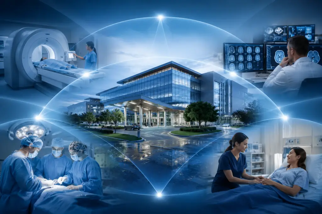 Hospital privado moderno conectado con especialistas médicos, tecnología de diagnóstico avanzada y servicios de atención hospitalaria protegidos por un seguro de gastos médicos mayores.