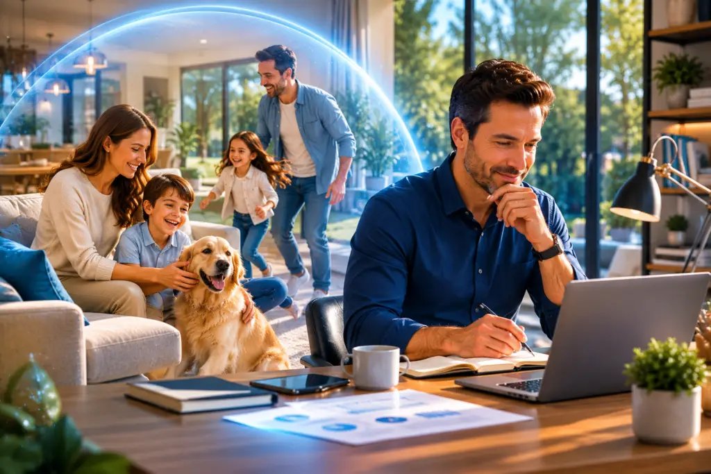 Familia disfrutando tiempo de calidad en casa mientras un profesional planifica su futuro financiero con la tranquilidad de contar con un seguro de gastos médicos mayores.