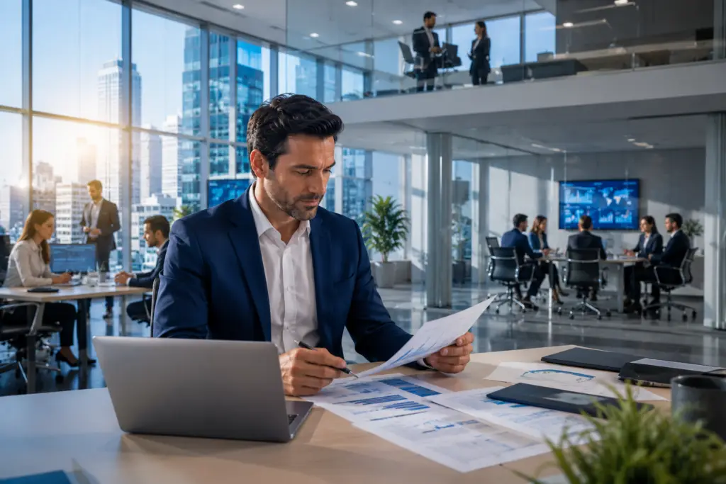 Director empresarial analizando indicadores de crecimiento mientras equipos ejecutivos colaboran en una oficina corporativa moderna para impulsar la estabilidad y continuidad del negocio.