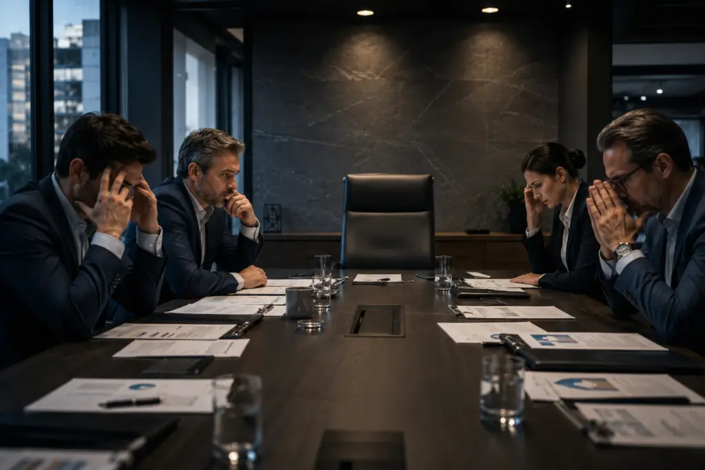 Directivos reunidos en una sala de juntas corporativa observando una silla vacía mientras analizan la incertidumbre operativa y financiera causada por la ausencia de un ejecutivo clave