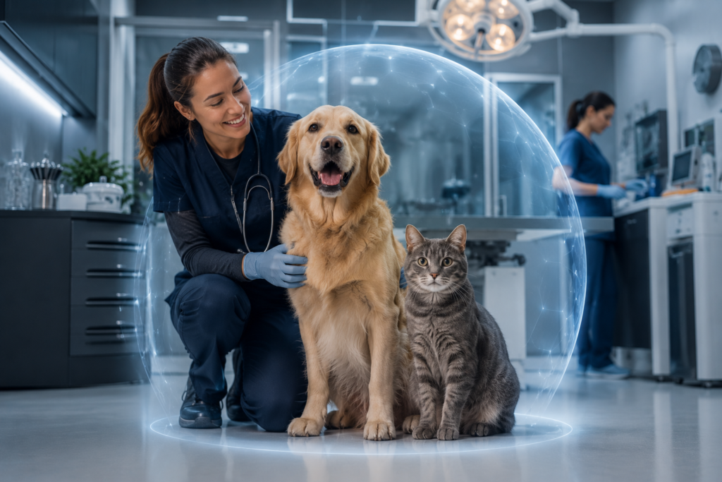 Perro y gato acompañados por una veterinaria en una clínica moderna, representando la protección médica y el respaldo de un seguro para mascotas.