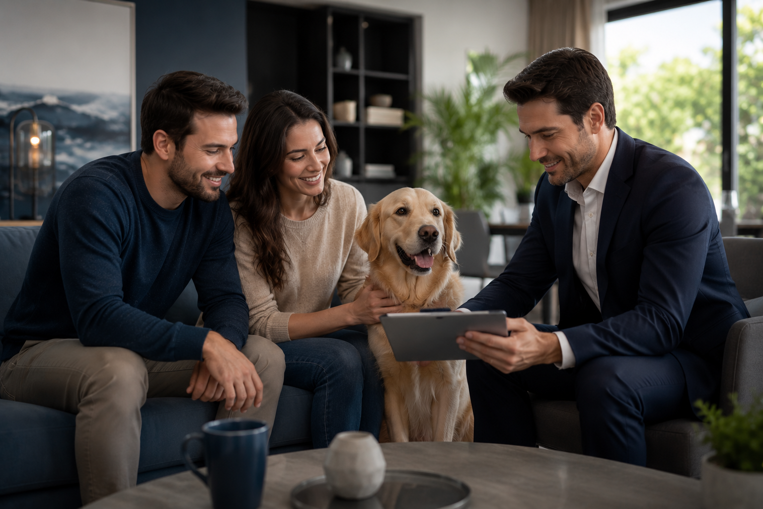 Familia reunida con su perro mientras recibe asesoría sobre un seguro de mascotas dentro de un hogar moderno y acogedor.