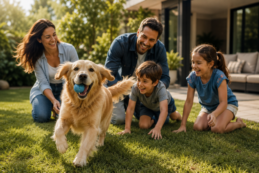 Familia disfrutando una tarde al aire libre mientras juega con su perro en el jardín de su hogar en un ambiente de felicidad y bienestar.