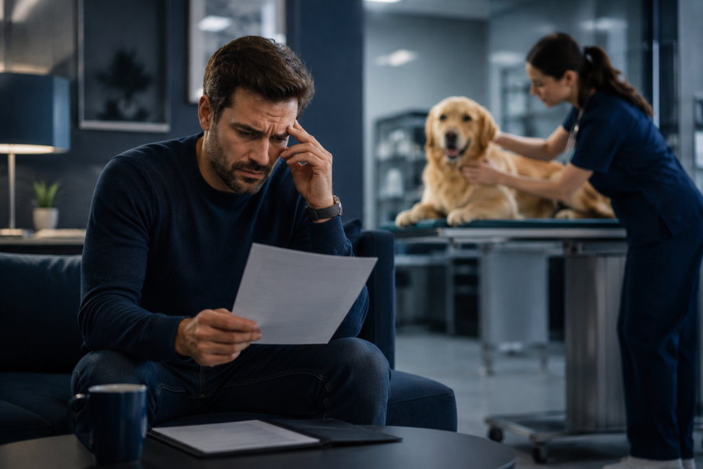 Propietario preocupado revisando gastos veterinarios mientras su perro recibe atención profesional en una clínica veterinaria moderna.