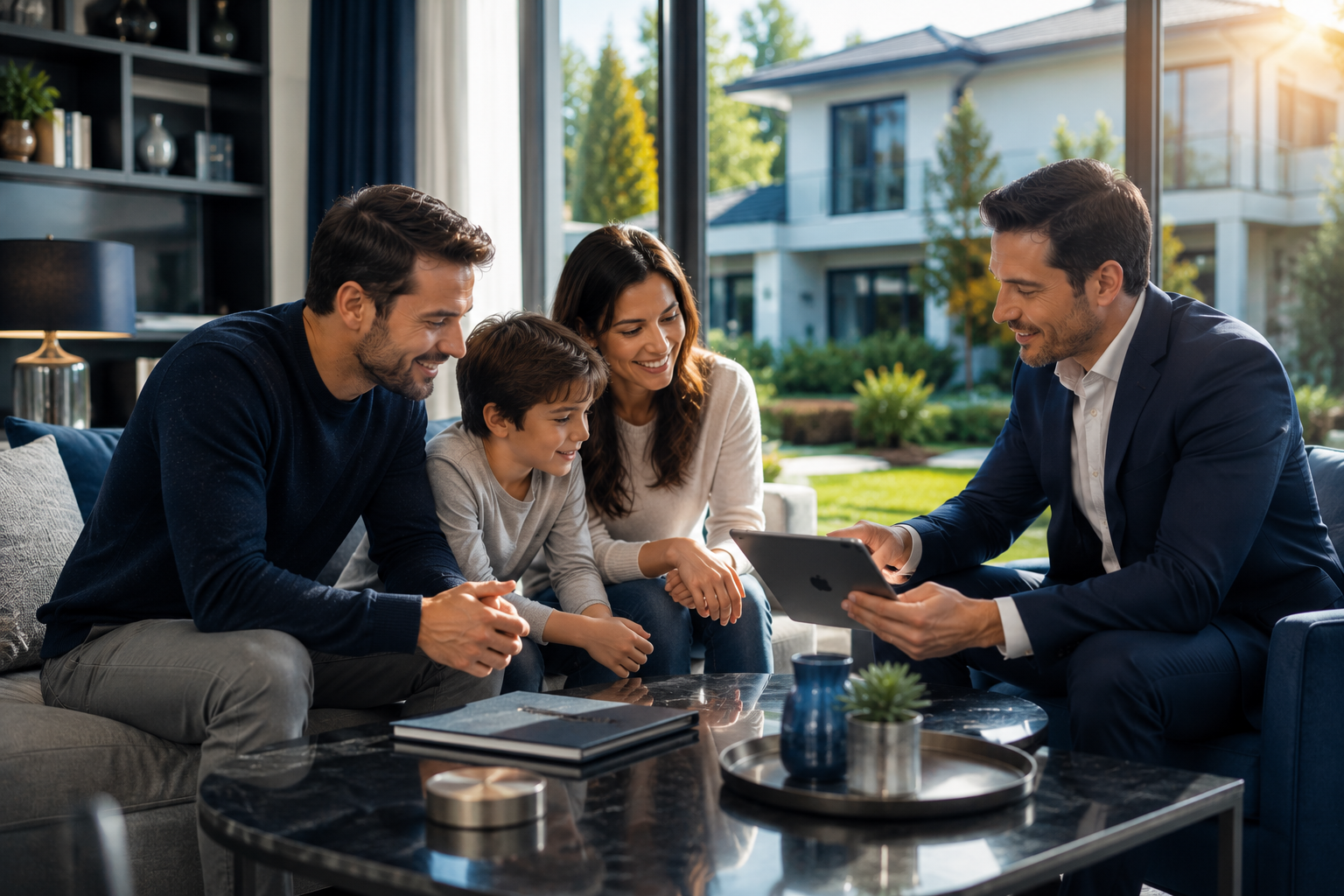 Familia recibiendo asesoría sobre protección de vivienda junto a un especialista en seguros dentro de una casa moderna y confortable.