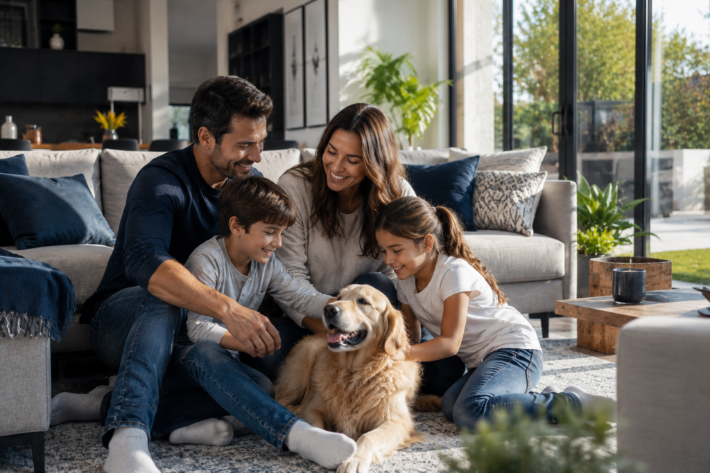Familia disfrutando un momento de convivencia dentro de su hogar mientras comparte tiempo de calidad en un ambiente seguro, cómodo y familiar.