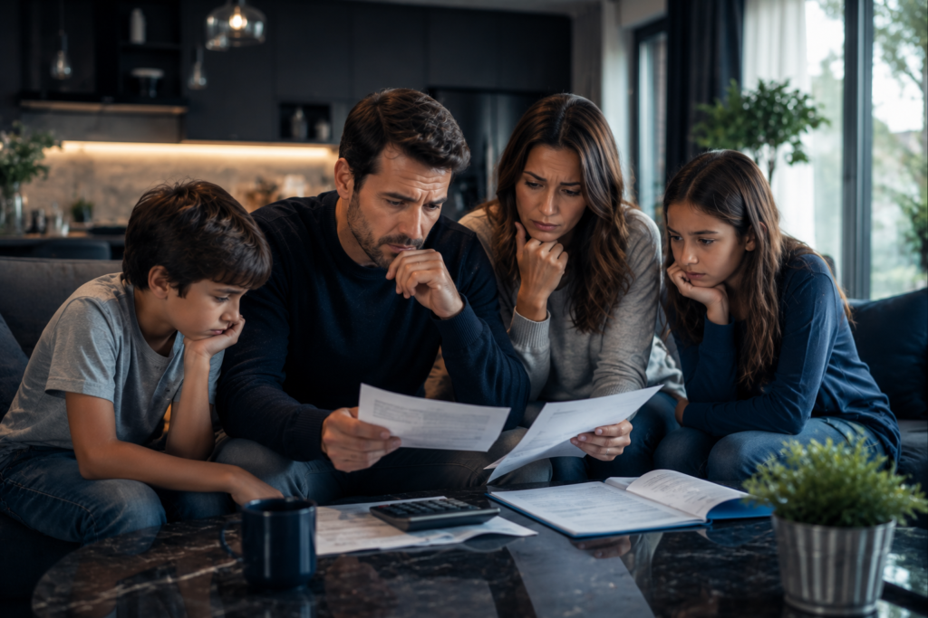Familia revisando gastos y presupuestos de reparación dentro de su hogar mientras analiza el impacto financiero de un imprevisto doméstico.